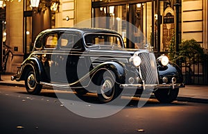 Vintage French Elegance: Classic Black Car in 1930s Parisian Night - generative ai
