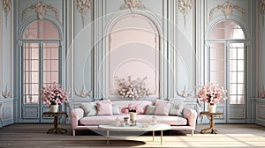 Vintage French Living Room: 3d Rendering In Light Blue And Pink