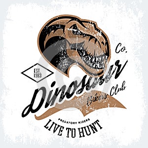 Vintage furious dinosaur bikers gang club tee print vector design.