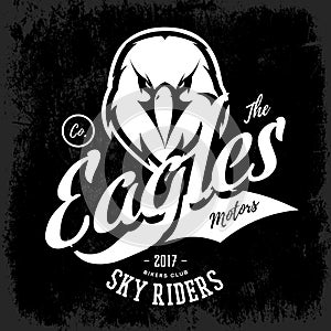 Vintage furious eagle bikers gang club vector logo concept isolated on black background.