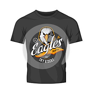 Vintage furious eagle bikers gang club vector logo concept isolated on black t-shirt mockup.