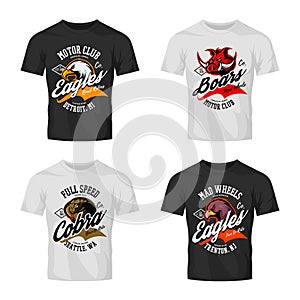Vintage furious eagle, boar, cobra bikers club tee print vector vector design isolated on t-shirt mockup.