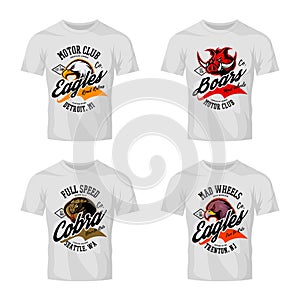 Vintage furious eagle, boar, cobra bikers club tee print vector vector design isolated on white t-shirt mockup.