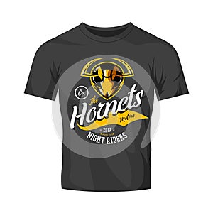 Vintage furious hornet bikers gang club vector logo concept isolated on black t-shirt mockup.