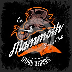 Vintage furious woolly mammoth bikers gang club tee print vector design. Street wear t-shirt emblem.