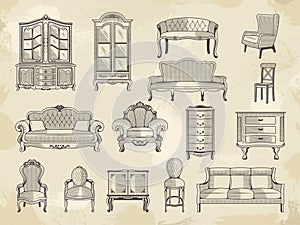 Vintage furniture. Chairs wardrobe beds and sofa tables house retro furniture recent vector hand drawn pictures collection