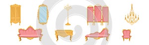 Vintage Furniture and Interior Design with Chandelier, Chair, Sofa, Wardrobe, Candlestick and Mirror Vector Set