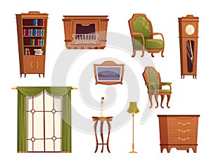 Vintage furniture. Old style interior items armchairs sofa wooden shelves bookcase exact vector templates set in cartoon