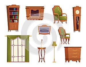 Vintage furniture. Old style interior items armchairs sofa wooden shelves bookcase exact vector templates set in cartoon style