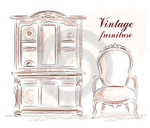 Vintage furniture set: old style cupboard and chair. Sketch.