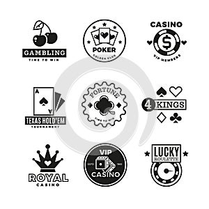 Vintage gambling, casino, poker royal tournament, roulette vector labels, emblems, logos and badges