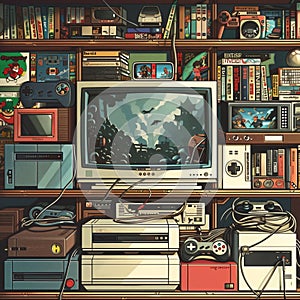 Vintage gaming consoles and classic game collection photo
