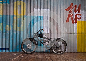 Vintage garage interior with motorbike