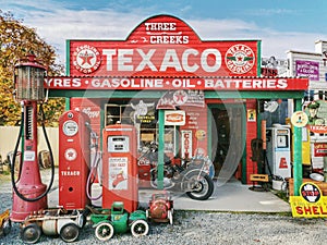 Vintage garage and petrol station at Burkes Pass village on the South Island of New Zealand
