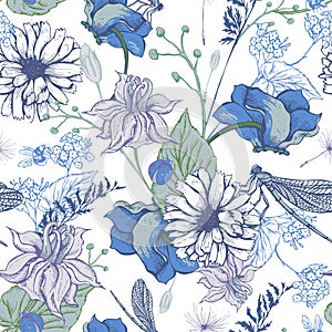 Vintage garden flowers vector seamless pattern