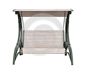 Vintage garden swing chair with green metal frame and wooden seat. 3D illustration isolated on white background