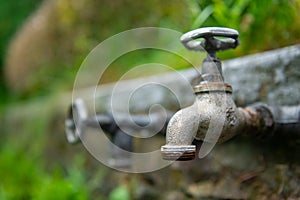 Vintage garden water tap. Photo with blurred background