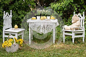 Vintage garden with white tea table and wooden chairs