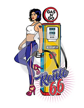Vintage Gas Pump Pin-Up Girl. Pin-Up Girl on Gas Station.