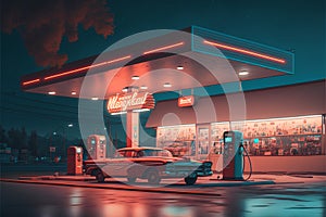 Vintage gas station with car at night. 3D rendering.