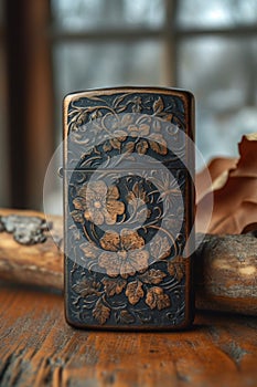 A vintage gasoline lighter for cigars stands on a stand on the table