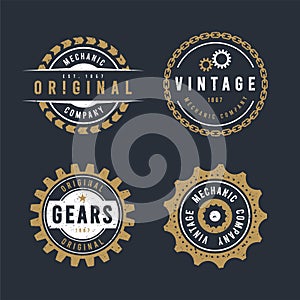 Vintage Gear Badges. Retro Mechanical Logo Set.