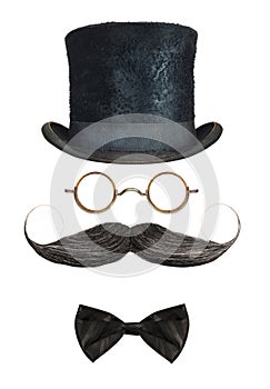 Vintage gentleman hat, glasses, curly mustache and bow tie