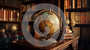 Vintage geographic globe on the background of bookshelves. Science, education, History and geography