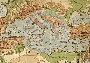 A vintage geographical map of the Mediterranean Sea in sepia.