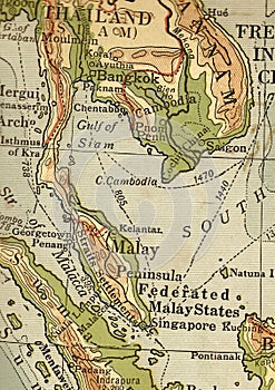 A vintage geographical map showing Malaya in sepia.