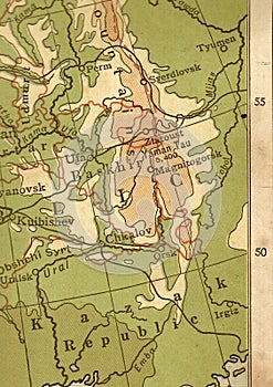 A vintage geographical map showing a region of Russia in sepia.