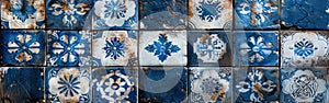 Vintage Geometric Floral Mosaic Tiles on Worn Blue and White Grunge Background for Seamless Panoramic Wall Texture or Banner
