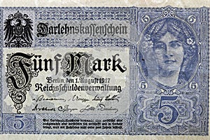 Vintage German 5 Marks Paper Money issued in 1917