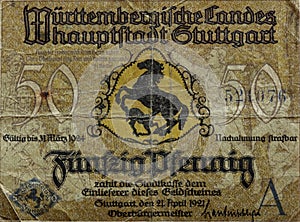 Vintage German 50 Pfennig Paper Money from Stuttgart issued in 1921