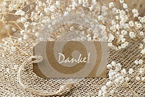 Vintage  german Danke  eng. Thanks card with dried white flowers on jute