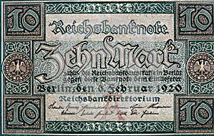 Vintage German 10 Marks Paper Money issued in 1920 photo