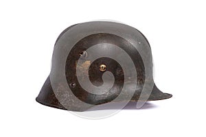 Vintage German Steel Helmet WWII Military Collectible on White Background photo