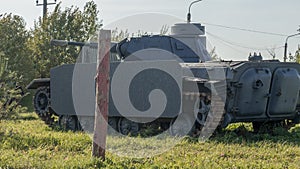 Vintage German World War 2 armored heavy combat tank poised on the battlefield. Historical concept