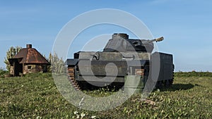 Vintage German World War 2 armored heavy combat tank poised on the battlefield. Historical concept