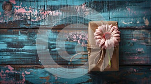 Vintage Gift Box with Flower on Grunge Painted Boards for Text Placements