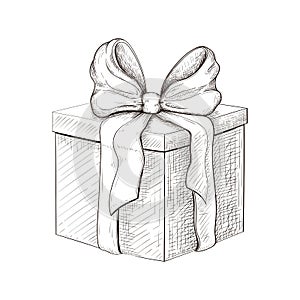 Vintage gift box hand drawn. engraved present illustration isolated on white background. present box icon with lush bow