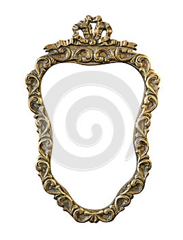 Vintage gilded round frame with an ornament isolated on white.