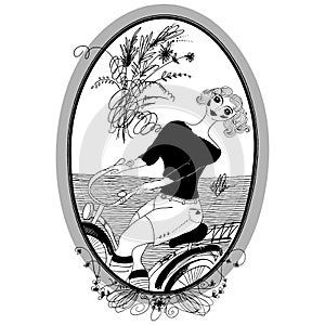 Vintage girl rides a bicycle. Vector Set of illustrations.