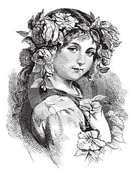 Starodávný nebo žena květiny v její vlasy 