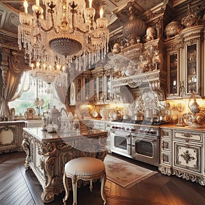 34 Vintage Glamour_ A kitchen with ornate cabinetry, crystal ca photo