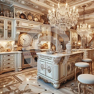 33 Vintage Glamour_ A kitchen with ornate cabinetry, crystal ca photo