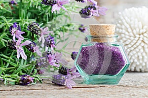 Vintage glass bottle with aroma lavender bath salt exfoliation scrub, foot soak. Topped lavender flowers close up.