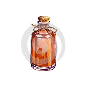 Vintage glass bottle with cosmetic or medicinal liquid. Watercolor illustration. Isolate on a white background.