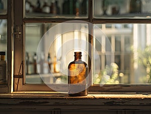 Vintage glass bottle on old wooden windowsill