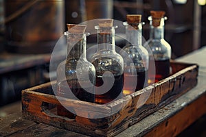 Vintage glass bottles with cork stoppers in a rustic wooden crate photo